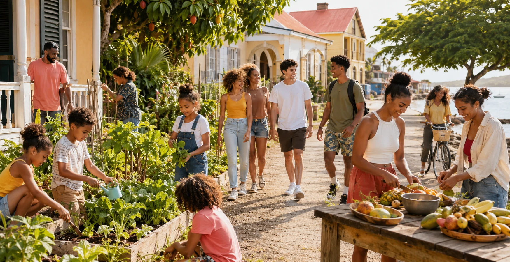 A culturally diverse Caribbean community of children, teenagers and young adults gardening, preparing fruit, walking and cycling