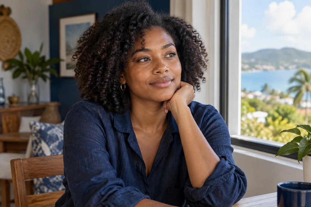 Woman taking a reflective pause at home