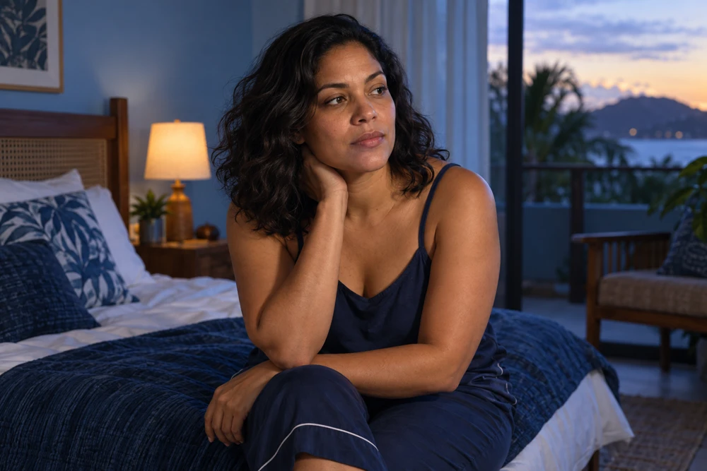 Woman awake in a softly lit bedroom